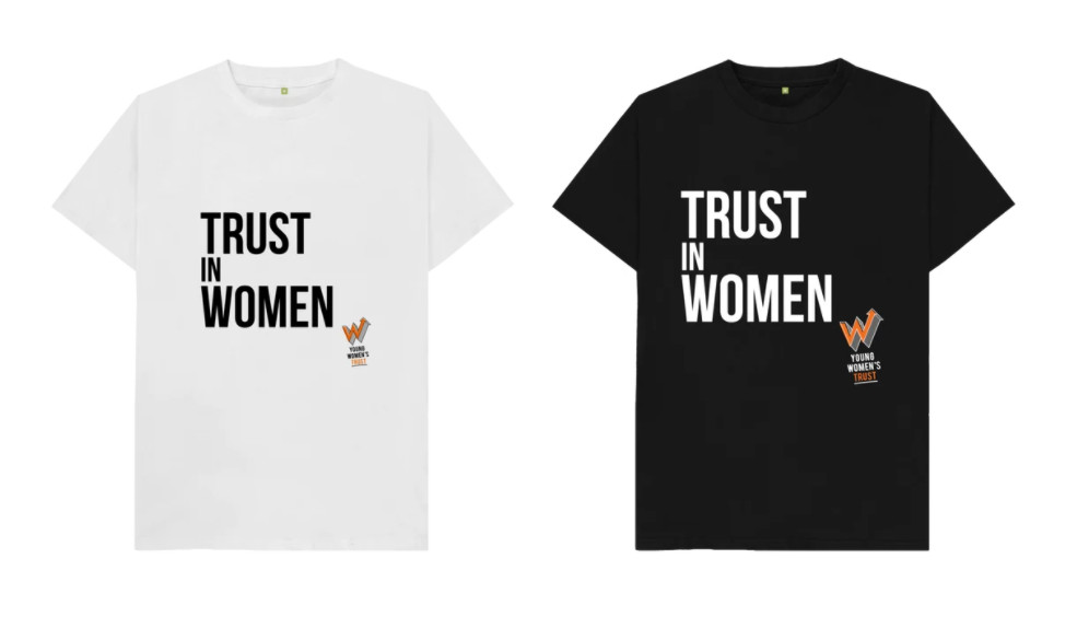 The image shows 2 Young Women's Trust t-shirts