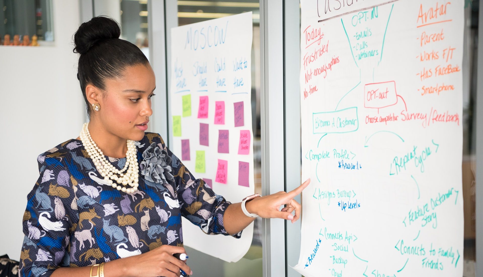 Woman stands at a flipchart