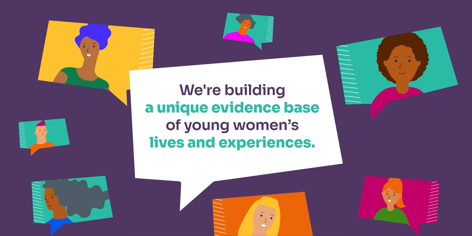 The image is an illustration of women's faces. In the middle is a speech bubble that says: we're building a unique evidence base of young women's lives and experiences.