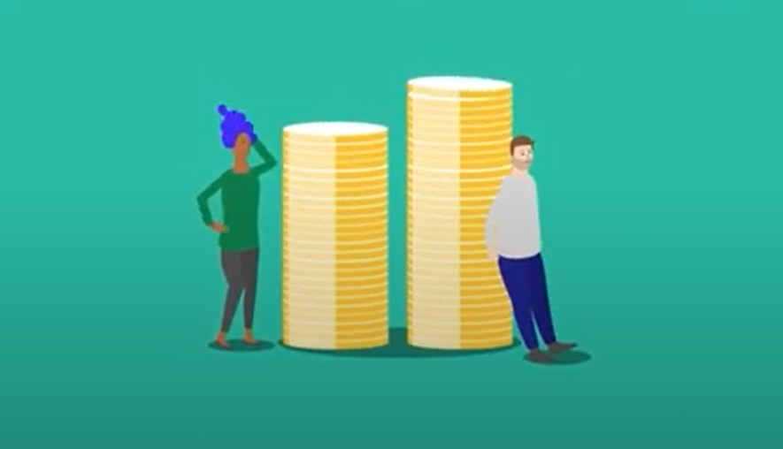 A cartoon-style illustration of a young woman scratching her head next to a stack of coins. A man next to her is leaning against a large stack of money.