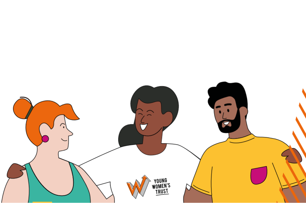 A cartoon-style illustration of a two young women and a man with their arms around each other, smiling. The young woman in the centre is wearing a T-shirt that says 'Young Women's Trust'.