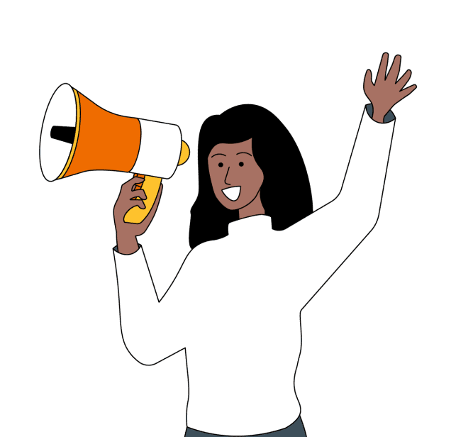 illustration of a young black woman with one hand raised above head and other hand holding a megaphone
