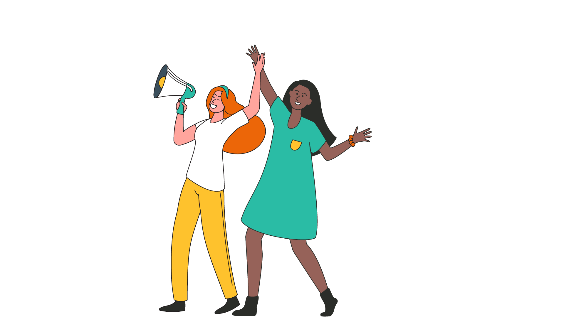 An illustration of two young women stood with a hand in the air, celebrating. One young woman is holding a speaker.