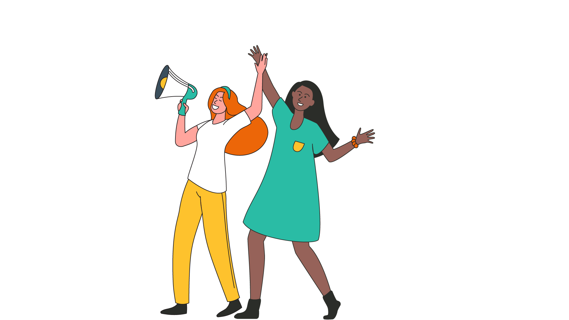 An illustration of two young women stood with a hand in the air, celebrating. One young woman is holding a speaker.