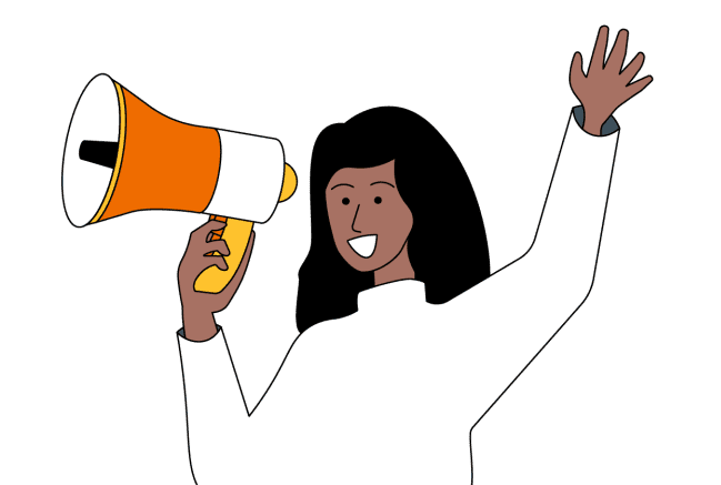 An illustration of a young black woman holding a speaker with a hand raised in the air.