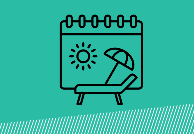 A calendar icon with a sun, umbrella and bench on blue background