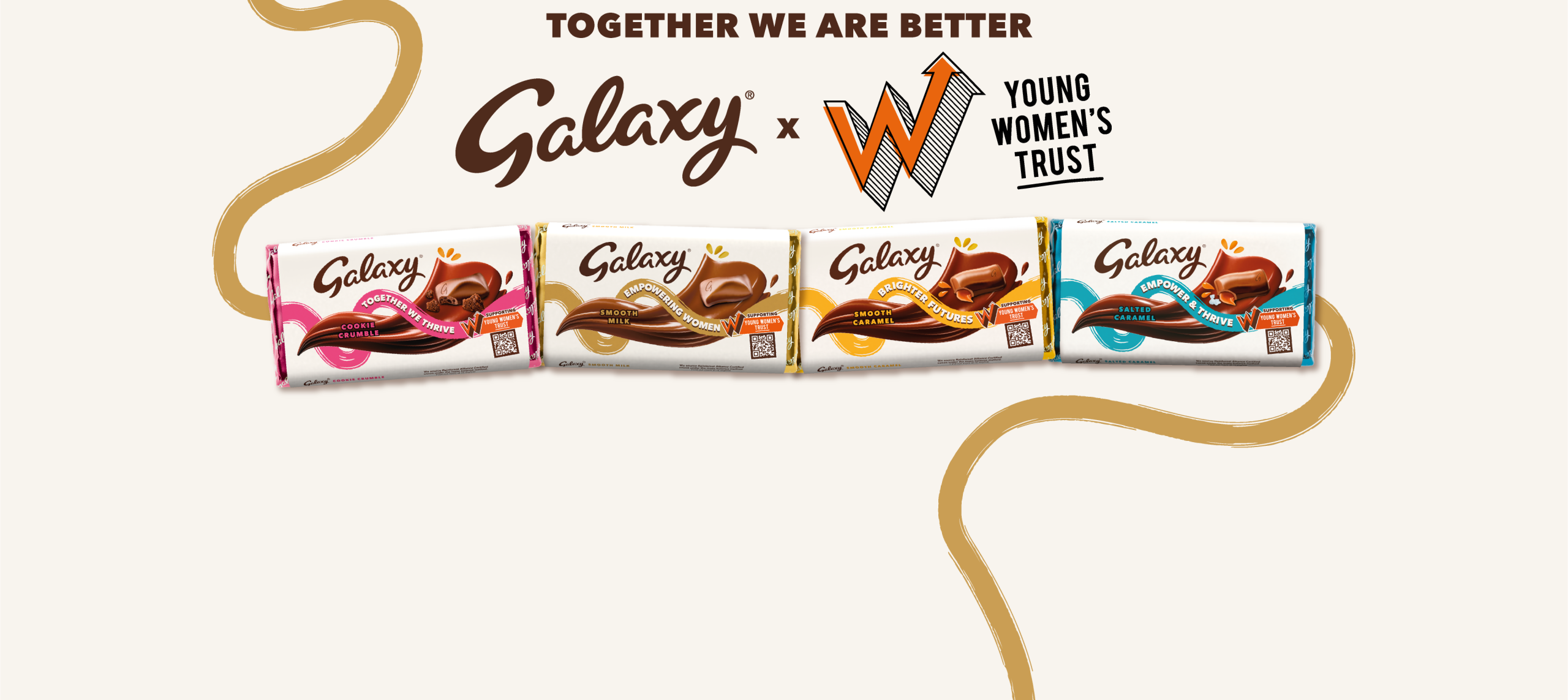 Illustration with wording "together we are better", Galaxy Chocolate and Young Women's Trust logo, beneath with 4 flavours of Galaxy bars