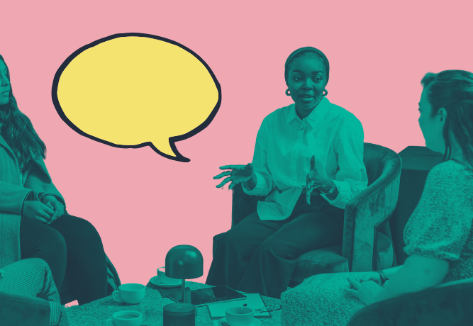 Young woman having a dialogue with other young women