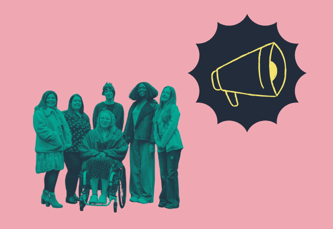 group of young women next to a graphic of a megaphone