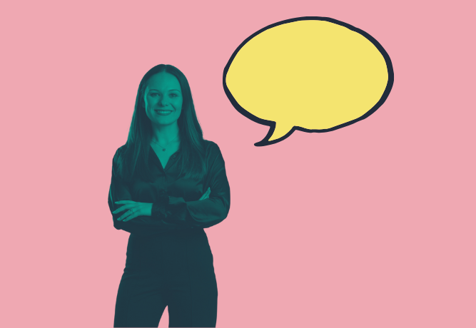 Image of woman solicitor Hanna Davies on a pink background with a yellow speech bubble.