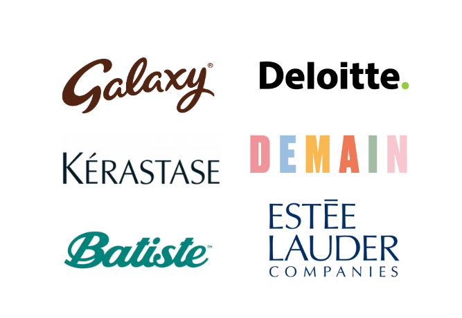 logos of the companies Galaxy, Deloitte, Kerastase, Demain, Batiste and Estee Lauder Companies