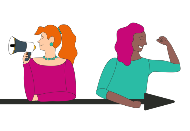 illustration of two smiling women, one with a megaphone and the other with fist raised in success.